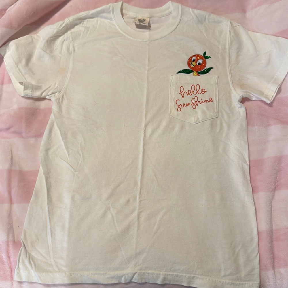 White pocket tee, Orange Bird graphic, size small